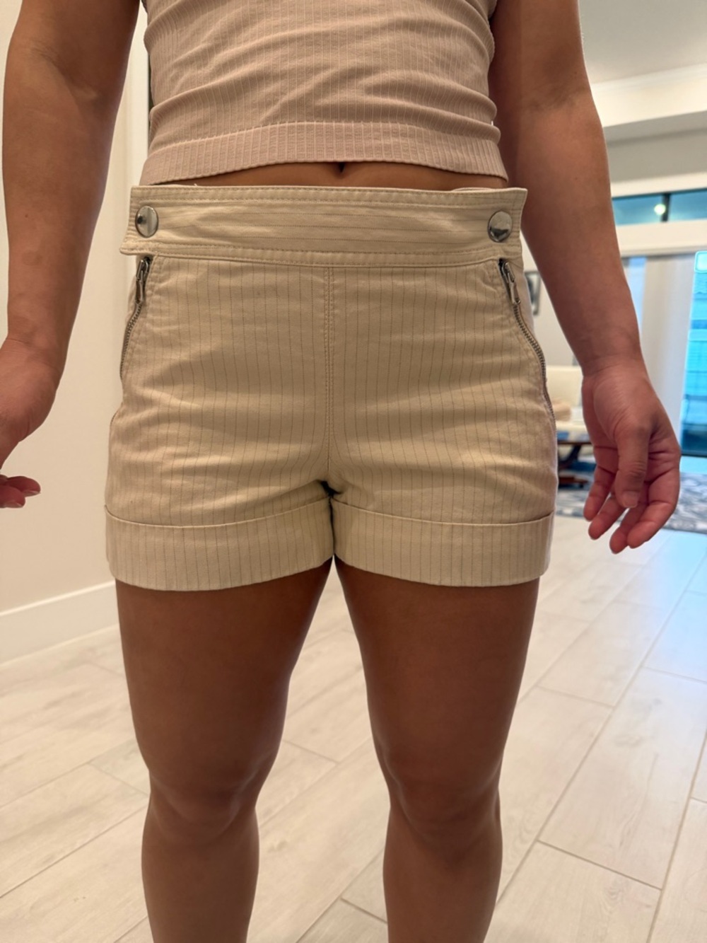 Marc By Marc Jacobs Cream Pinstripe High-Waist Cuffed Shorts